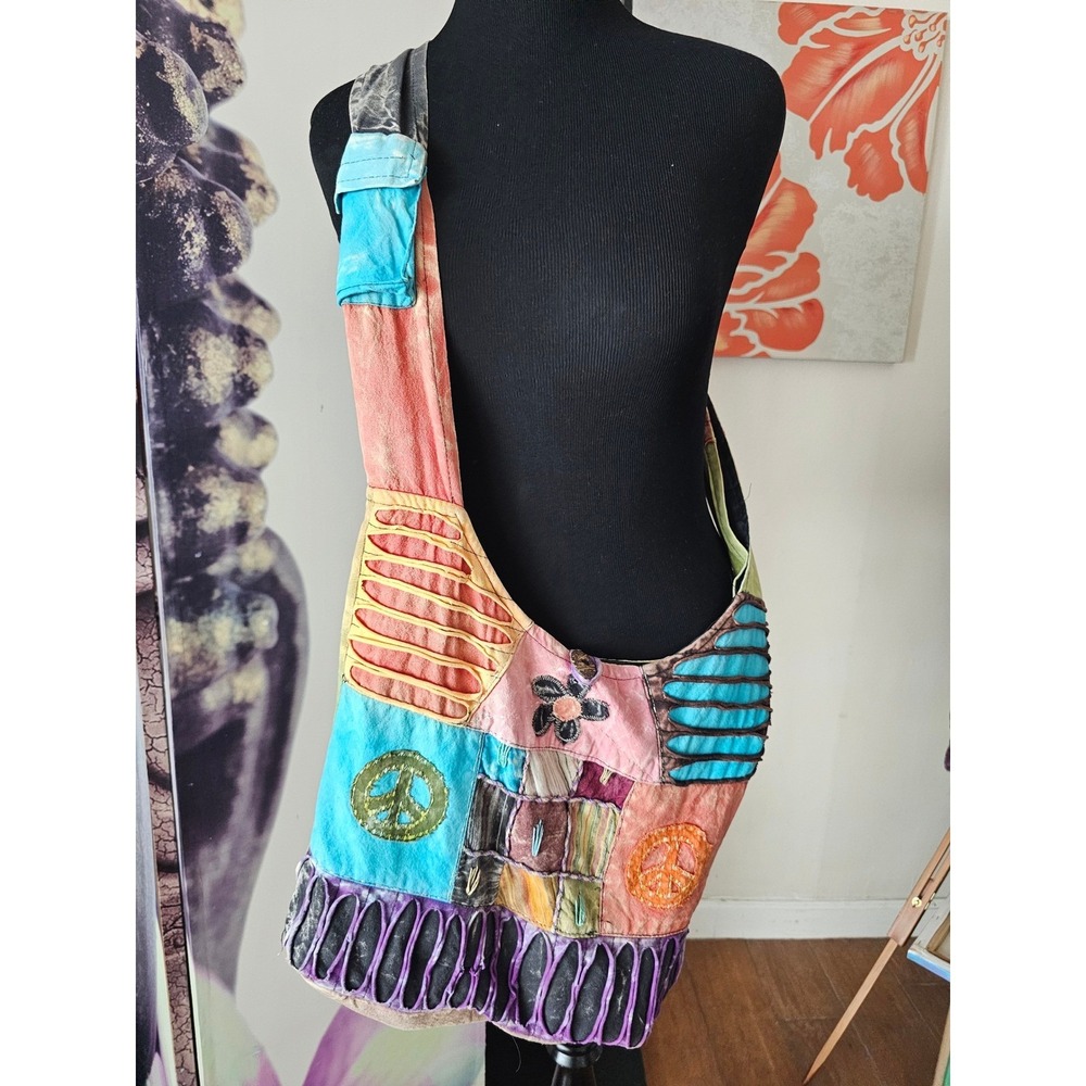 Boho Patchwork Hobo Crossbody Bag Peace Sign Razor Cut Multi Color Hippie Bag